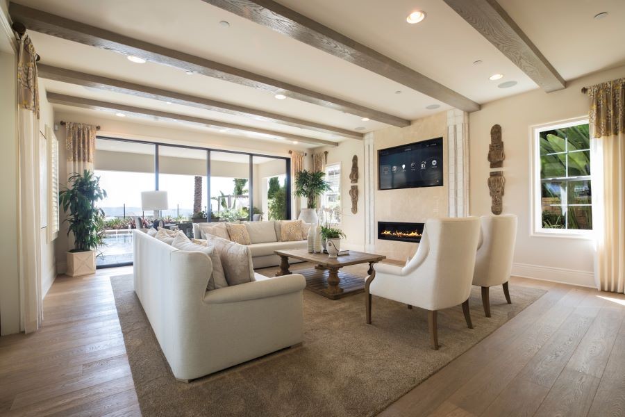 A living room with a Control4 home automation platform on the flat-screen TV display.